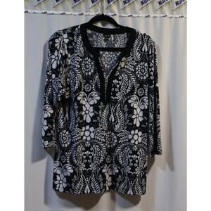 Rafaella Black and White Paisley Tunic Top Size Large